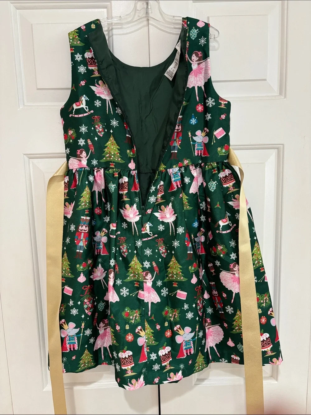 Bonnie Jean Green Nutcracker & Ballerina Holiday Dress w/ Gold Bow Girls 12 EUC